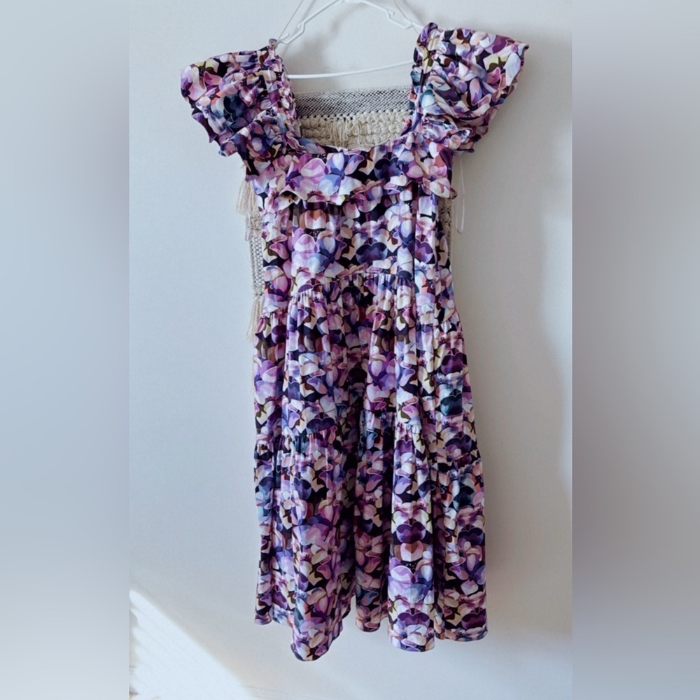 Kika Vargas Cicely Flutter Sleeve Ruffle Purple Watercolor Floral Maxi Dress - Picture 3 of 8